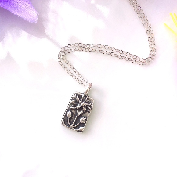 Silver Lotus on Sterling Silver Chain Necklace - Picture 1 of 8